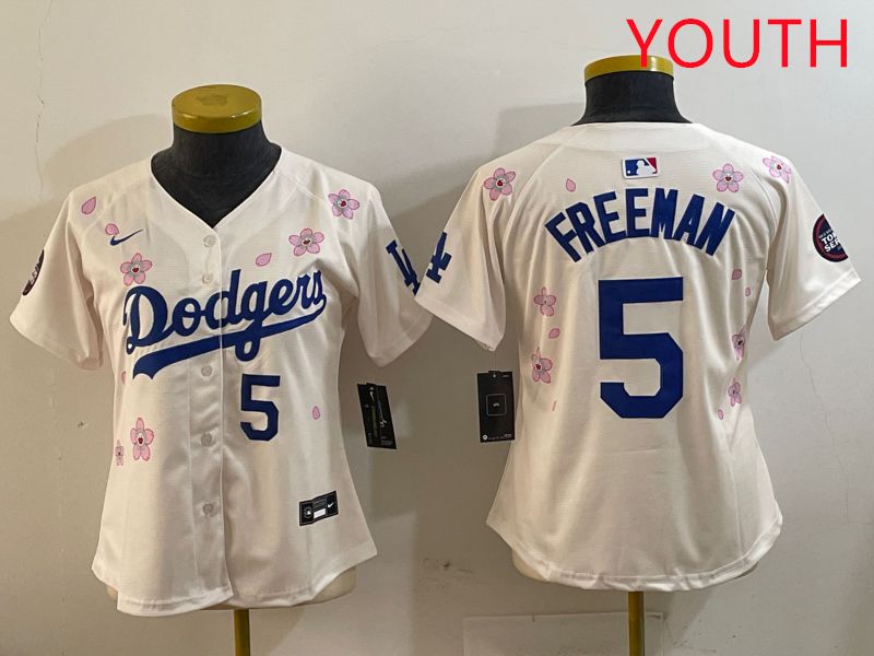 Youth Los Angeles Dodgers #5 Freeman Cream Sakura Edition 2025 Nike MLB Jersey style 6->youth mlb jersey->Youth Jersey